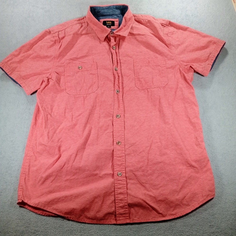 Lee Mens Regular Fit Short Sleeve Button Down‎ Coral Large Dual Pockets